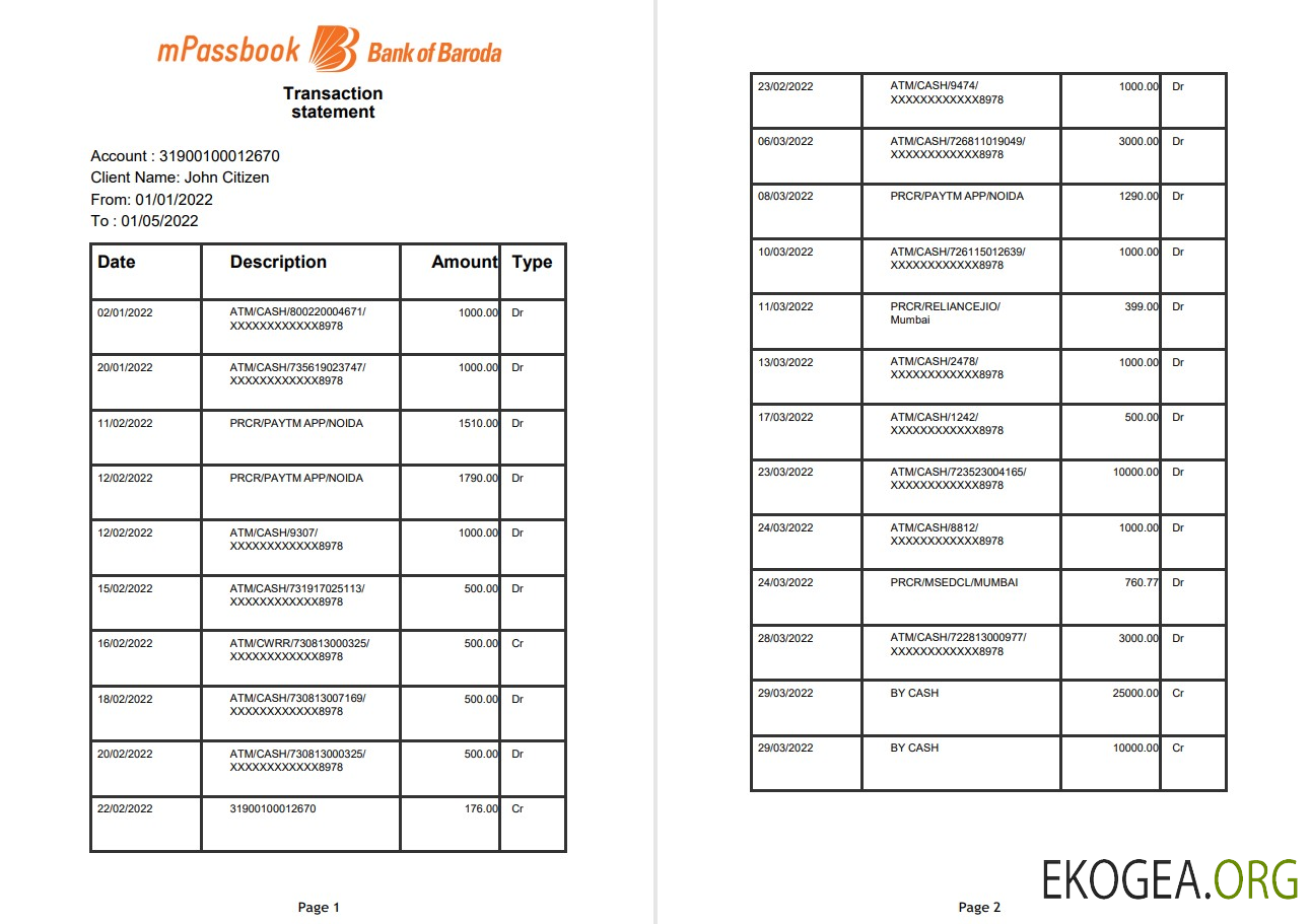 Relevé de transaction bancaire mPassbook de la India Bank of Baroda, 4 pages